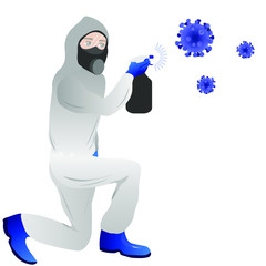 Virus Prevention A man wears a protective suit and disinfects items. Healthcare concept. Global epidemic or pandemic. Vector illustration