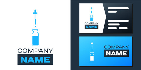Logotype Glass bottle with a pipette. Vial with a pipette inside and lid icon isolated on white background. Container for medical and cosmetic product. Logo design template element. Vector.
