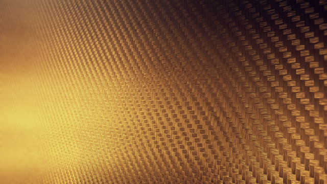 Carbon gold fiber texture background. Dark with lighting. 3D rendering