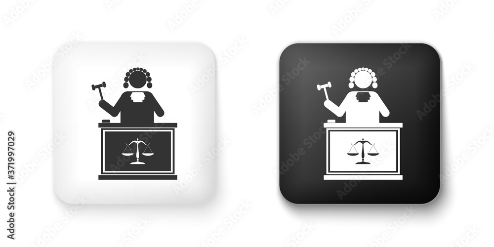 Aufkleber black and white judge with gavel on table icon isolated on white background. square button. vector.