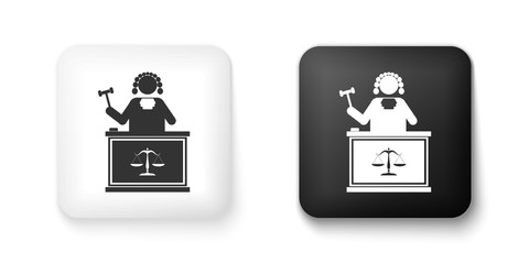 Black and white Judge with gavel on table icon isolated on white background. Square button. Vector.