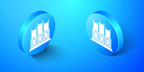 Isometric Court's room with table icon isolated on blue background. Chairs icon. Blue circle button. Vector.