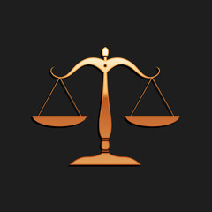 Gold Scales of justice icon isolated on black background. Court of law symbol. Balance scale sign. Long shadow style. Vector.