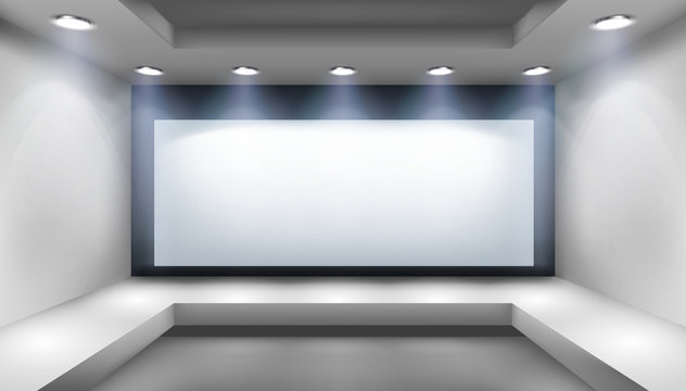 Projection screen in art gallery. Show on the stage. Free space for advertising. Abstract background. Vector illustration.