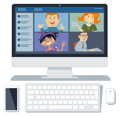 Happy members of remote business team meeting online via desktop application vector illustration