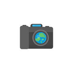 This is a camera on a white background. Cartoon illustration in flat style.