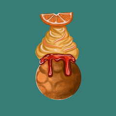 The illustration with tasty orange ice cream. Hand painted in photoshop. 2d art. Food illustration