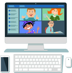 Happy members of remote business team meeting online via desktop application vector illustration