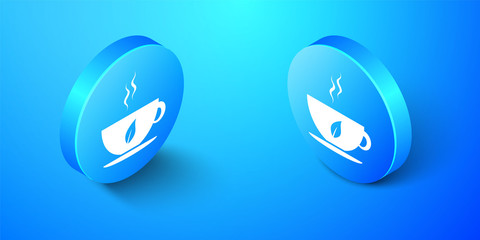 Isometric Cup of tea and leaf icon isolated on blue background. Blue circle button. Vector.
