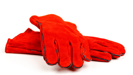 Welding gloves, welding equipment, gloves isolated on a white background, protective clothing