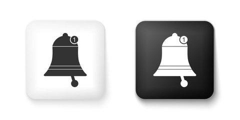 Black and white Bell icon isolated on white background. New Notification icon. New message icon. Square button. Vector.