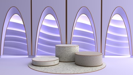 Round marble pedestal, golden border and violet floor, and violet walls with circular arches.The golden frame can be used for advertising Isolated on violet background, illustration,3D rendering.