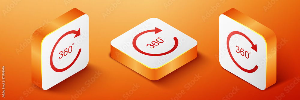 Poster isometric angle 360 degrees icon isolated on orange background. rotation of 360 degrees. geometry ma