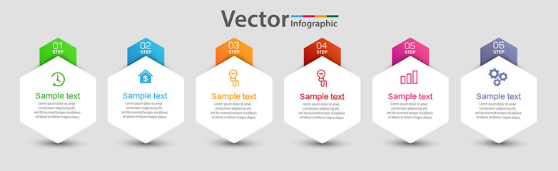 Vector infographic template with 6 options, workflow, process chart. Can be used for workflow layout, diagram, annual report, web design, steps or processes 
