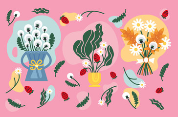 Composition of flowers, berries, wheat, bouquets.  Flowers in vases and bouquets. Chamomile, dandelion, wheat, leaves, strawberry, bow, vase. Stickers for the cafe and flower shop.