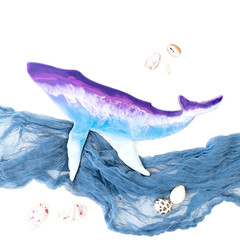 Resin art whale with fabric waves and sea shells on white background. Flat lay