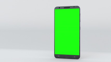 Demonstration of a smartphone with a green screen. Computer generated modern backdrop. Touchscreen device, 3d rendering
