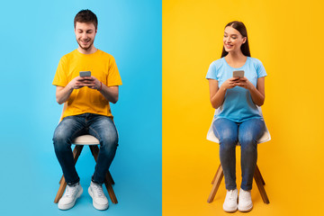 Studio shot of girl sitting on chair with phone