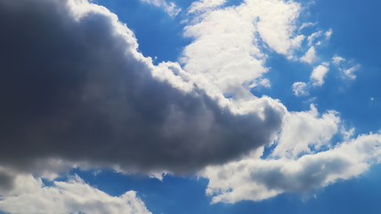 Weather dark gray clouds on blue sky close-up