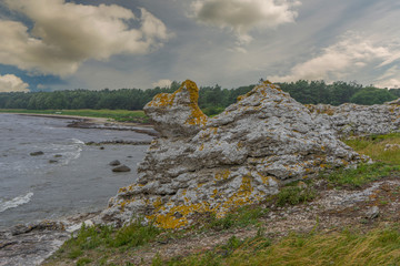 Rocks near Baltic sea. Rocky shore in Sweden. Gotland island. Photo of scandinavian nature. North Europe.