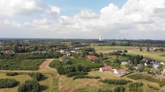 Aerial high angle of De Pinte aerea, agricultural village near Ghent, Belgium. Drone point of view.