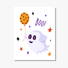 Halloween cartoon greeting card or nursery poster - cute ghost with orange balloon and creepy face on white background, copy space for your text, pre-made vector template