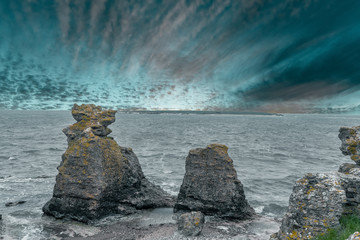 Rocks near Baltic sea. Rocky shore in Sweden. Gotland island. Photo of scandinavian nature. North Europe.