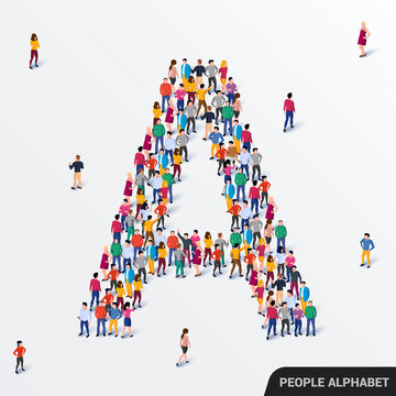 Large group of people in letter A form. Human alphabet.