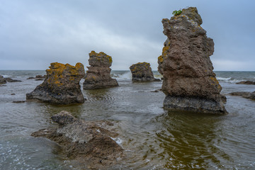 Rocks near Baltic sea. Rocky shore in Sweden. Gotland island. Photo of scandinavian nature. North Europe.