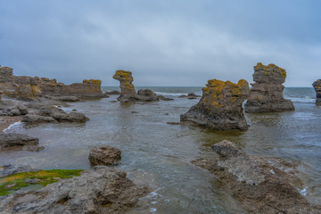 Rocks near Baltic sea. Rocky shore in Sweden. Gotland island. Photo of scandinavian nature. North Europe.