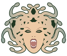 Head of Medusa. Mythological creature with human appearance and hair of snakes, isolated on white background