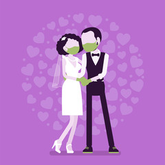 Quarantine wedding ceremony, groom, bride in protective mask, gloves. Newlyweds, man, woman in traditional elegant wear, married couple during epidemic outbreak. Vector creative stylized illustration
