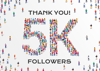 5K Followers. Group of business people are gathered together in the shape of 5000 word, for web page, banner, presentation, social media, Crowd of little people. Teamwork. Vector illustration