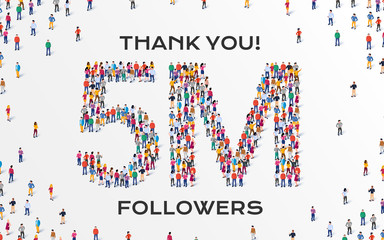 5M Followers. Group of business people are gathered together in the shape of five million sign, for web page, banner, presentation, social media, Crowd of little people. Teamwork. Vector illustration