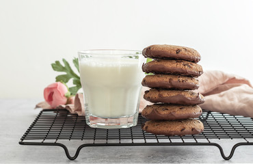 Chocolate oatmeal cookies with milk in the morning.