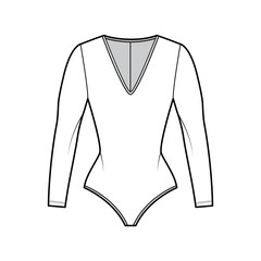 Stretch-jersey bodysuit technical fashion illustration with plunging V-neck, long sleeves, back zip fastening. Flat one-piece apparel template front, white color. Women men unisex swimsuit CAD. 