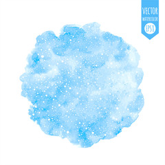 Winter watercolor vector background with falling snow, dot snowflakes texture. Round uneven circle shape, sky blue watercolour stains. New Year hand drawn painted text frame, graphic design element.