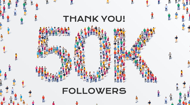 50K Followers. Group of business people are gathered together in the shape of 50000 word, for web page, banner, presentation, social media, Crowd of little people. Teamwork. Vector illustration