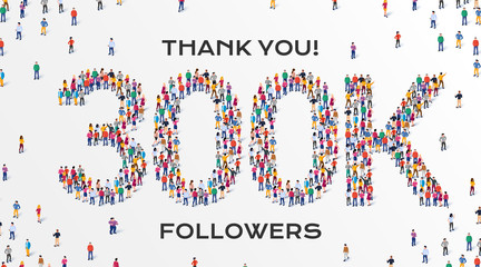 300K Followers. Group of business people are gathered together in the shape of 300000 word, for web page, banner, presentation, social media, Crowd of little people. Teamwork. Vector illustration