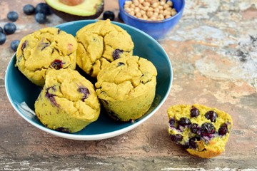 Avocado Blueberry Muffins. Made with chickpea flour, vegan gluten free