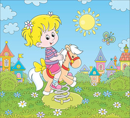 Obraz na płótnie Canvas Smiling girl playing on a toy horse swing on a playground of a small town on a sunny summer day, vector cartoon illustration