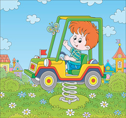 Obraz na płótnie Canvas Smiling boy on a toy car swing on a playground in a summer park of a town, vector cartoon illustration