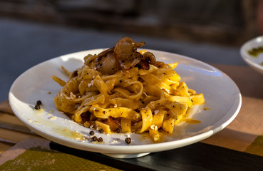 Italian handmade tagliatelle a la carbonara