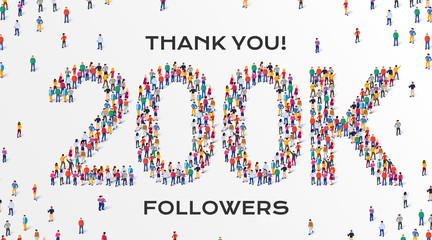200K Followers. Group of business people are gathered together in the shape of 200000 word, for web page, banner, presentation, social media, Crowd of little people. Teamwork. Vector illustration