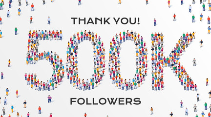 500K Followers. Group of business people are gathered together in the shape of 500000 word, for web page, banner, presentation, social media, Crowd of little people. Teamwork. Vector illustration