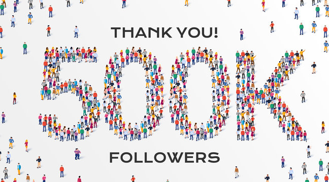 500K Followers. Group of business people are gathered together in the shape of 500000 word, for web page, banner, presentation, social media, Crowd of little people. Teamwork. Vector illustration