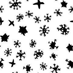 Abstract seamless pattern with Brush Strokes geometric star elements. Beautiful modern texture with chaotic painted shapes. Monochrome background for your design.