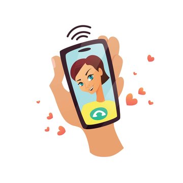 Hand is holding mobile phone with smiling girl face on display. Video call, chat, conversation. Cartoon vector concept for application, flat illustration.