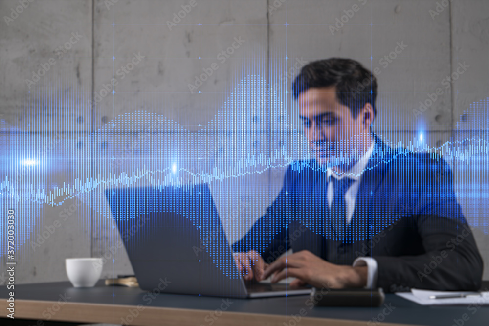 Poster businessman in office working with laptop technology forex online trading graph and chart, typing co