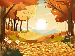 Foto op Aluminium Autumn landscape wonderland forest with grass land, Mid autumn natural in orange foliage, Fall season with beautiful panoramic view with sunset behind mountain and maples leaves falling from trees © Anchalee